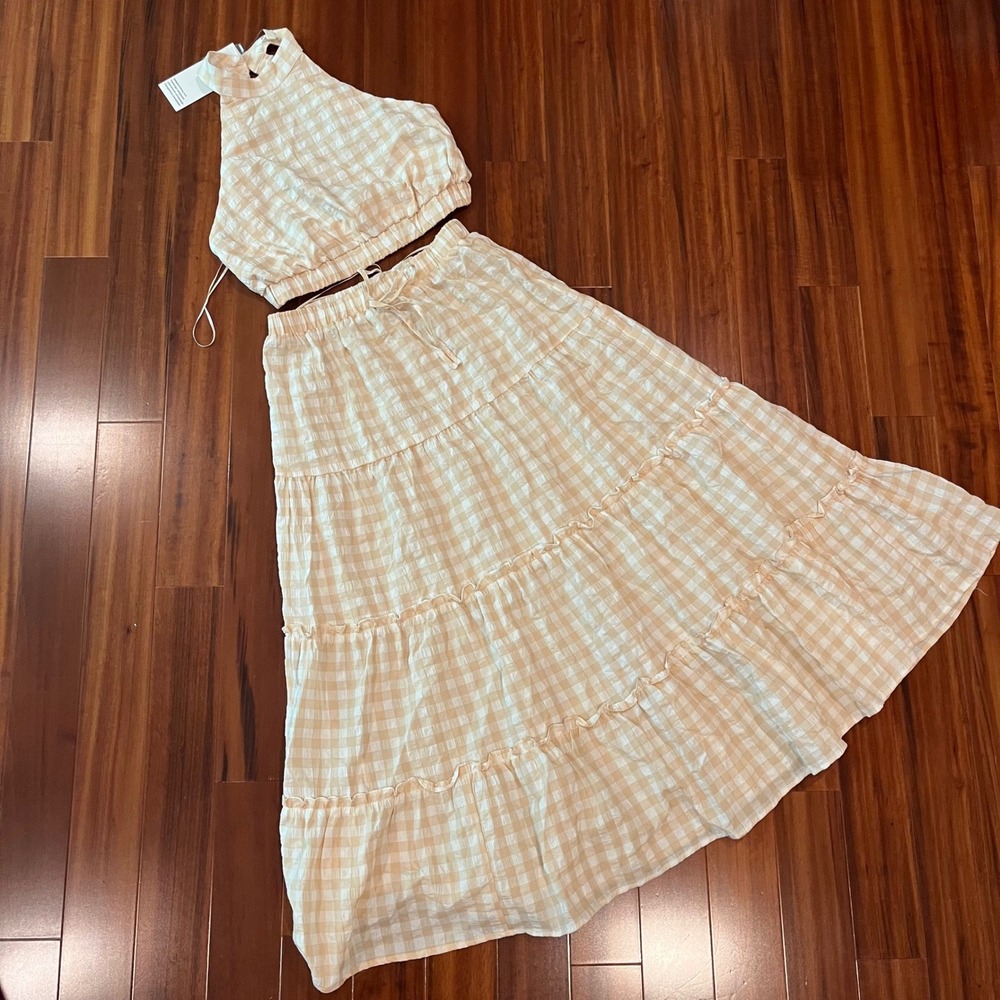 Gingham Skirt Top Set Light Beige Crop Halter Crossback Maxxi Tier Cottagecore S